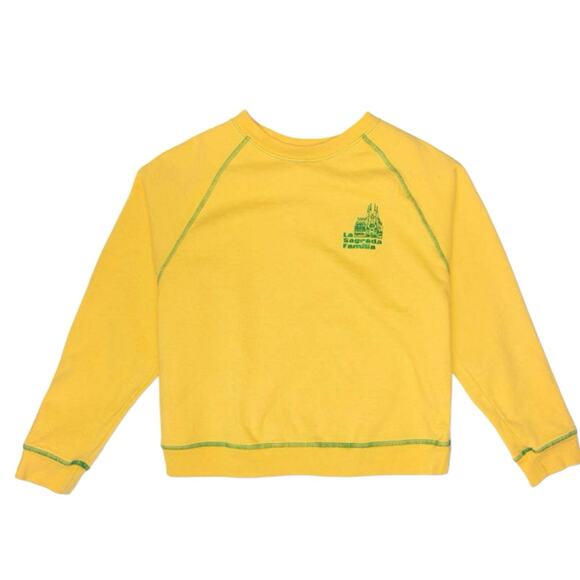 NWT Made Some Souvenirs Sagrada Familia Tourist Sweatshirt Yellow Crew Sz Small - Picture 1 of 9
